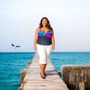 CATALINA Womens Swim Top 3X Bandeau Tank Black Multicolor Ruffle Gold Accent NWT